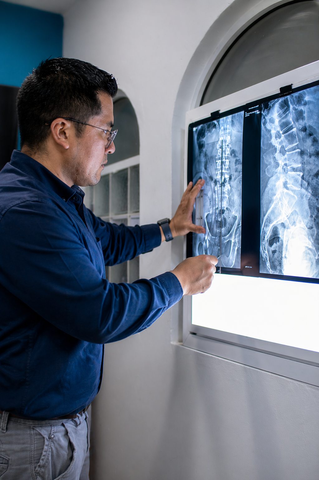 Quiropr&aacute;ctico revisando radiograf&iacute;as de columna.