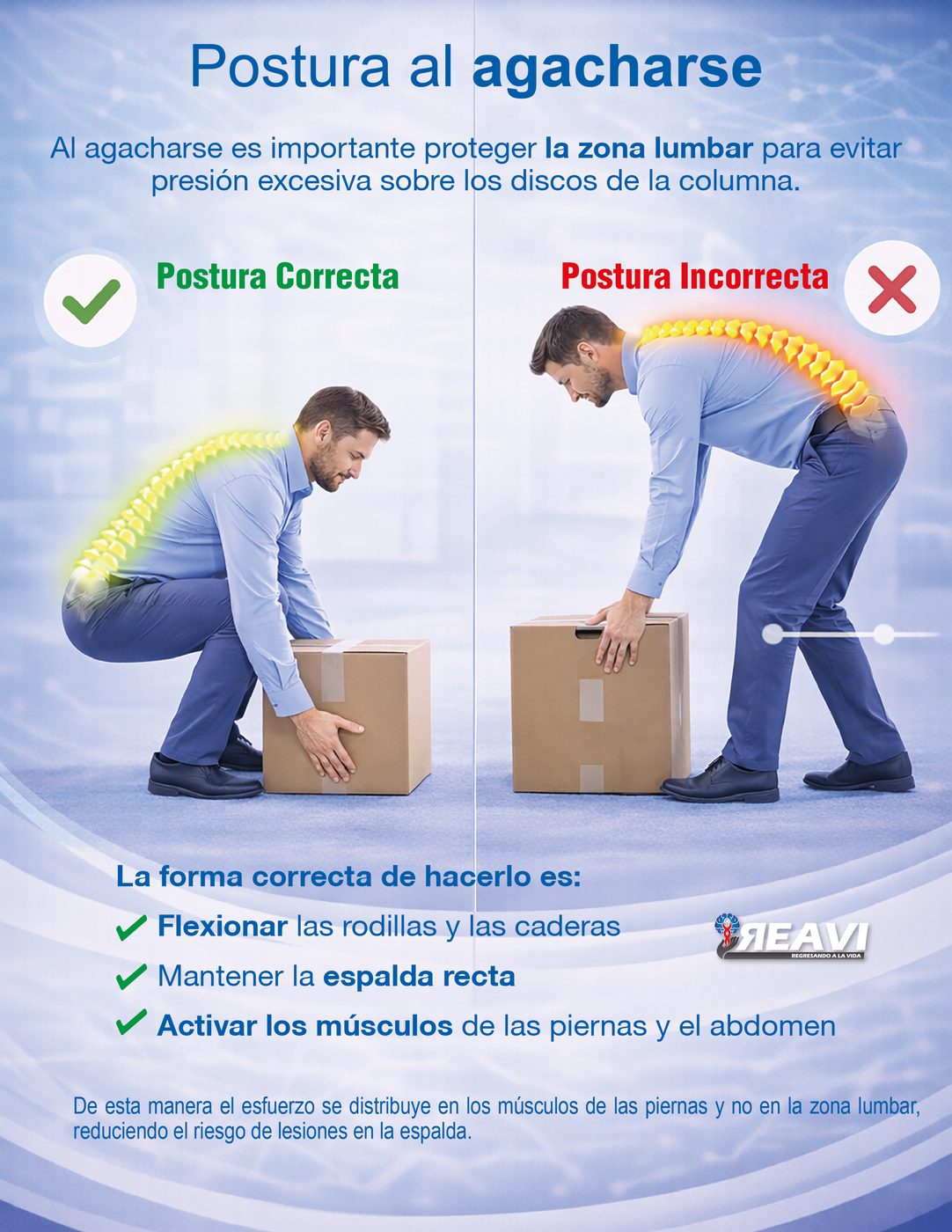 Gu&iacute;a visual de postura al agacharse.